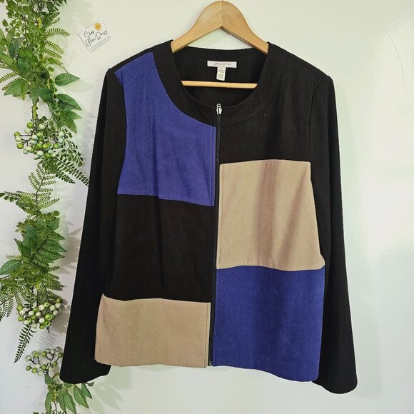 Color‎ Block Zip Front Jacket Size 16 JM Collection Black Blue Beige 《930》J - Picture 1 of 5